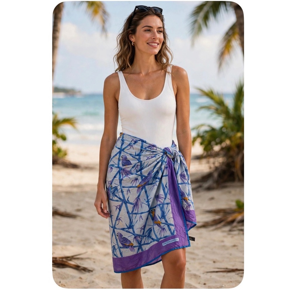 Jim Thompson Cotton Sarong Wrap Tropical Bird Bamboo Blue Purple Thailand 58x29